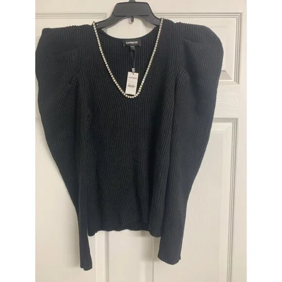 NWT Express Puffed Shoulder Rhinestone Trim Neckline Sweater Size L - Picture 1 of 8